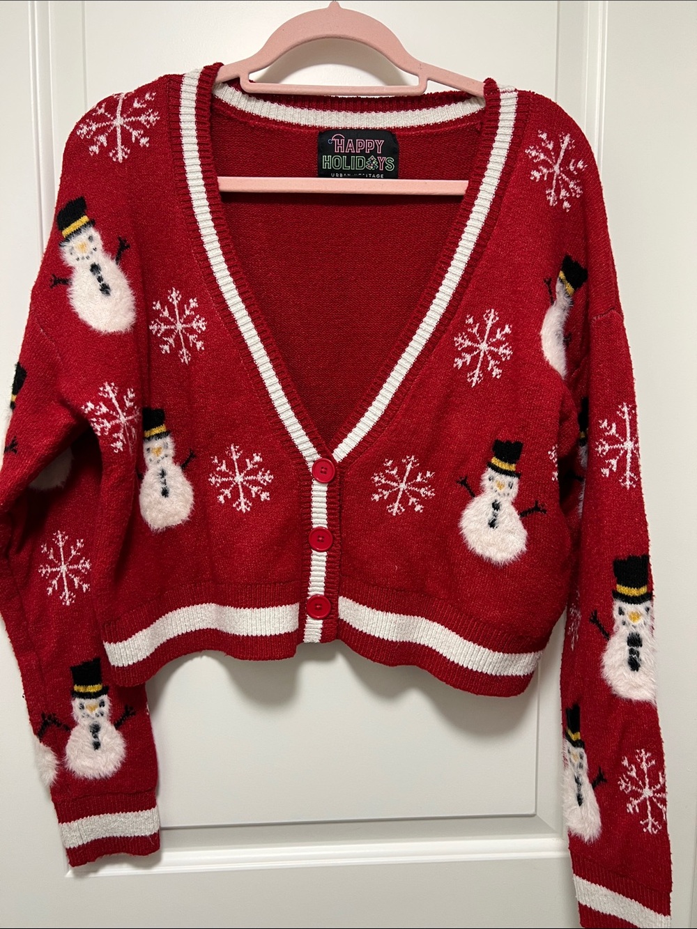 Urban Heritage Red V-Neck Snowman Cardigan Sweater
